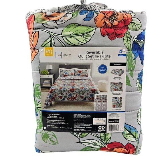 Mainstays Reversible Quilt Set In-a-Tote Full/Queen Grey Floral Bedding 4 PC Set - Picture 2 of 16